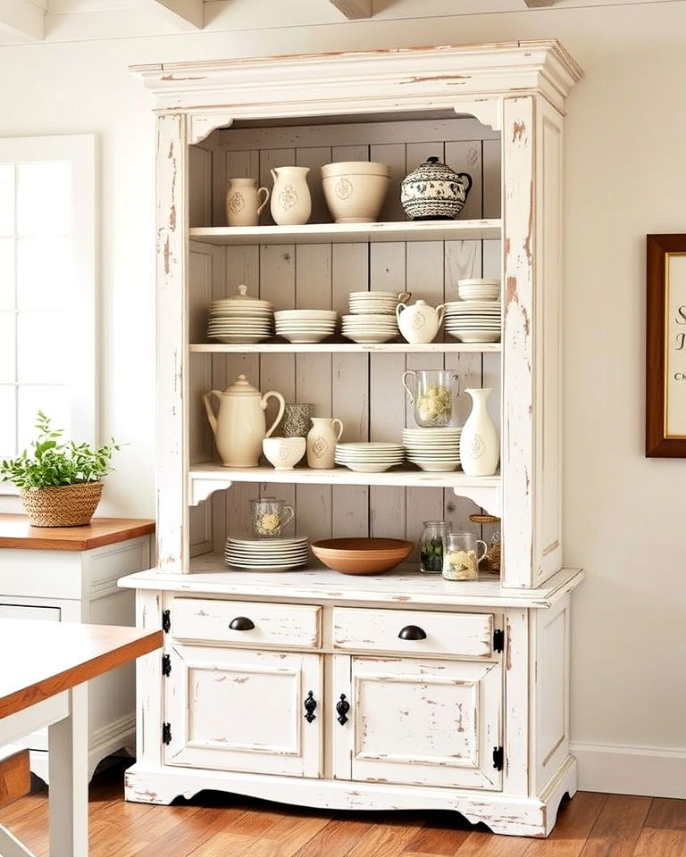 open storage with rustic white hutch - 20 Rustic White Kitchen Ideas