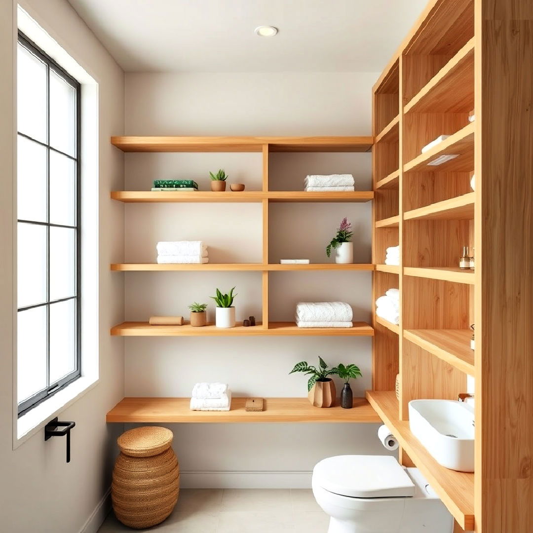 open wooden shelving design - 40 Japandi Bathroom Ideas