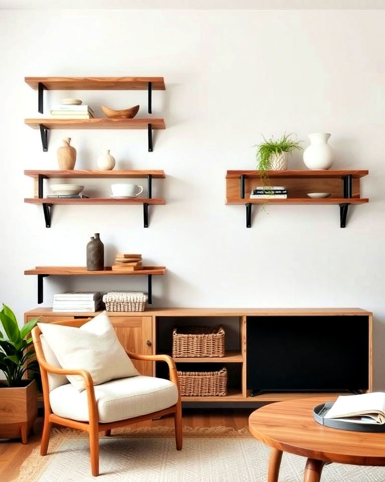 open wooden shelving to add rustic charm - 30 Rustic Scandinavian Living Room Ideas