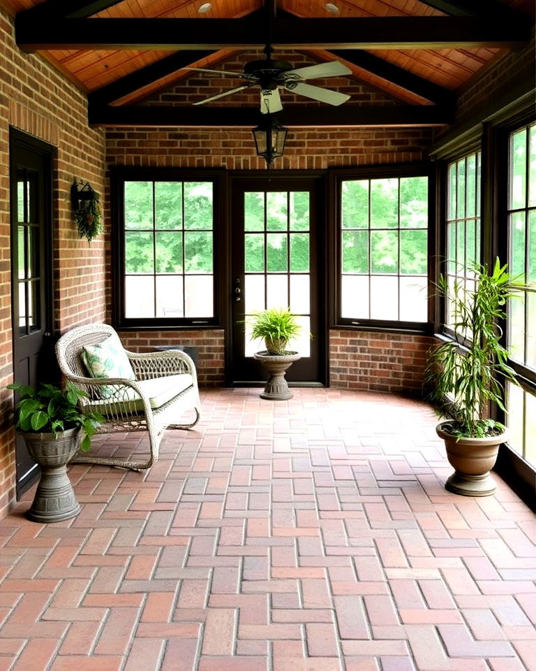 organic look staggered brick layout - 20 Brick Floor Sunroom Ideas