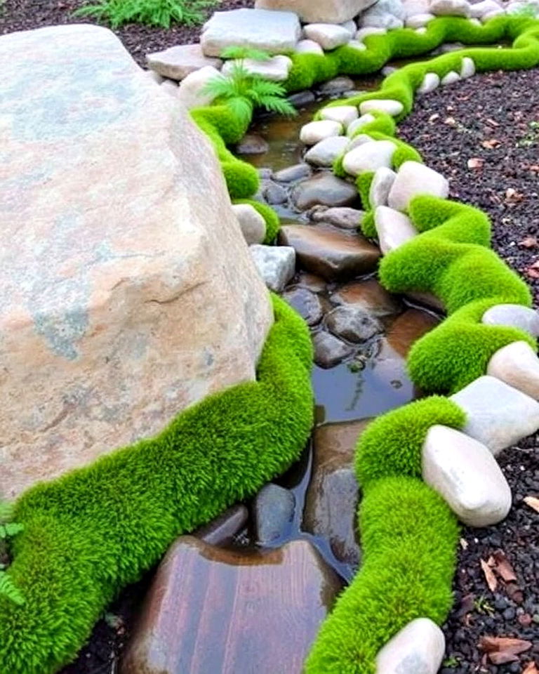 organic vibe moss lined creek bed - 30 Front Yard Dry Creek Bed Landscaping Ideas