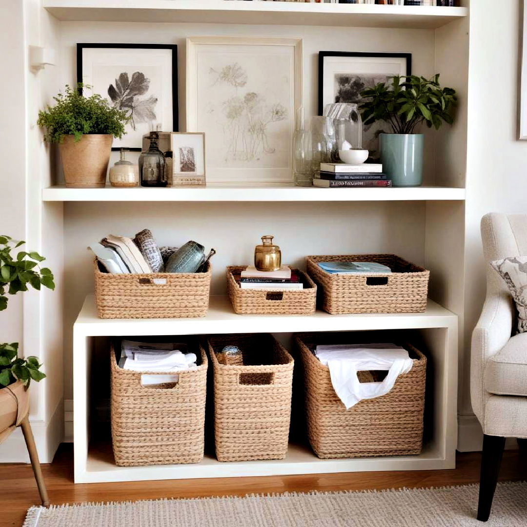 organized compact storage solution - 40 Small Living Room Ideas