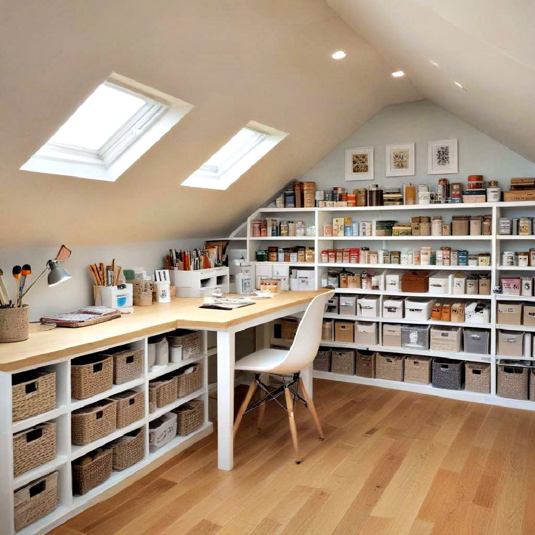 organized hobby room idea - 30 Low Ceiling Small Attic Room Ideas