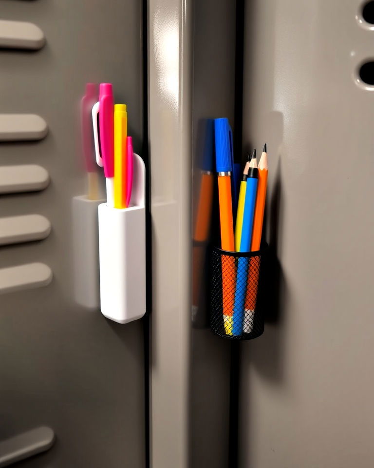 organized magnetic pen and pencil holder - 30 Locker Decor Ideas