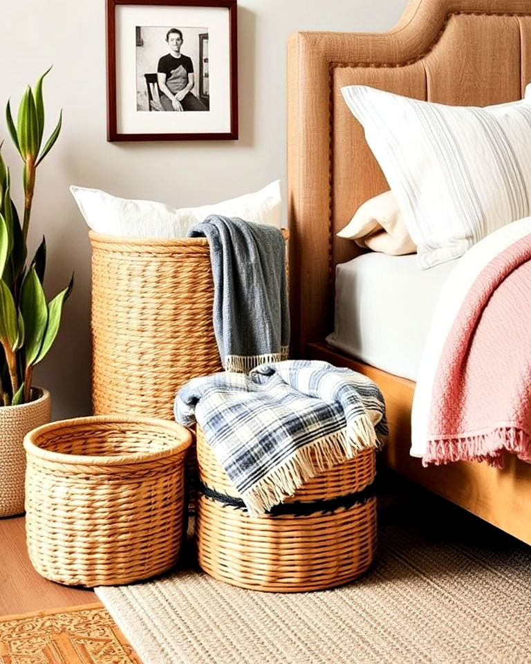 organized storage with woven baskets - 30 Bedroom Decor Ideas