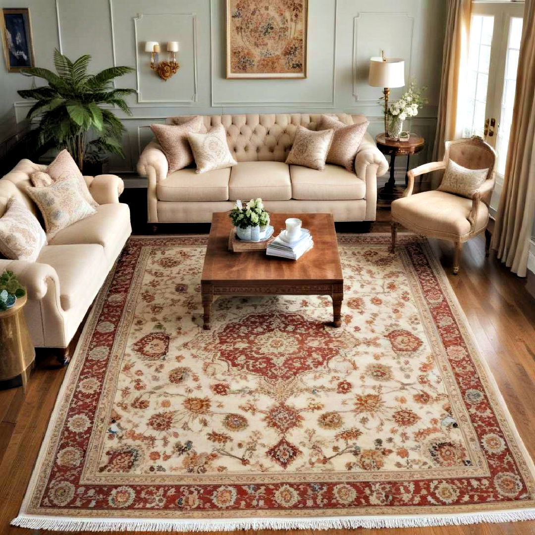 ornate area rug for underfoot comfort - 25 Traditional Living Room Ideas