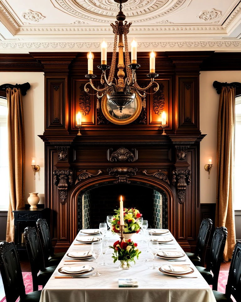 ornate fireplace mantel for victorian dining room - 30 Dining Rooms With Fireplaces