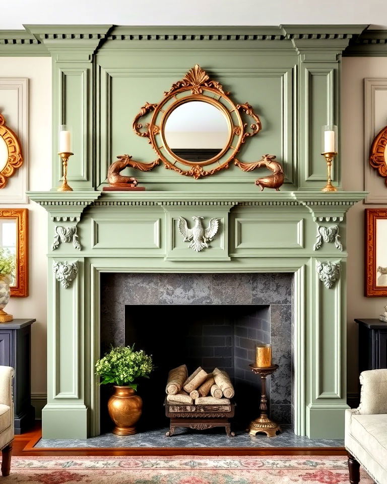 ornate sage green mantel - 15 Sage Green Fireplace Ideas