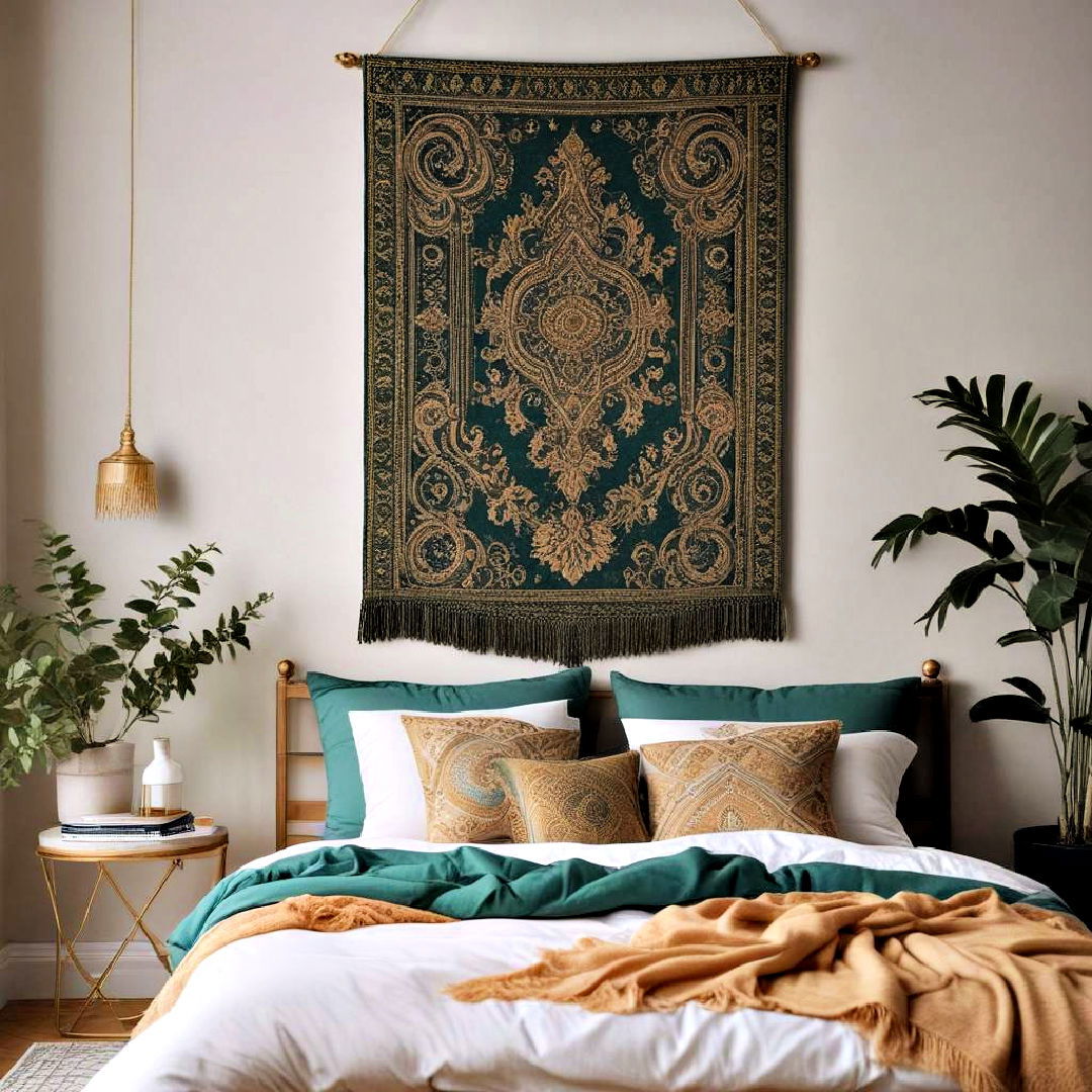 ornate wall hanging to add artistic flair - 20 Emerald Green and Gold Bedroom Ideas