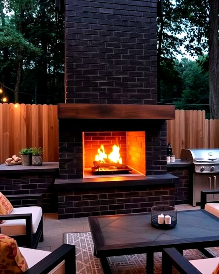 outdoor black brick fireplace for exterior living - 30 Black Brick Fireplace Ideas