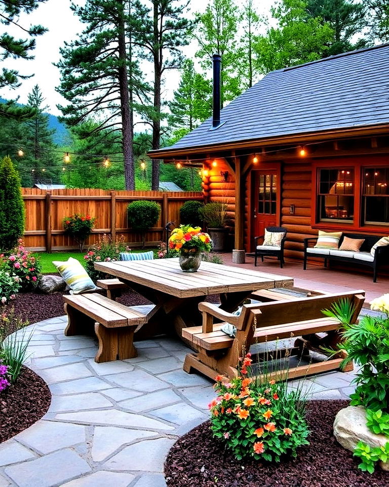 outdoor dining area for log cabin landscaping - 25 Log Cabin Landscaping Ideas