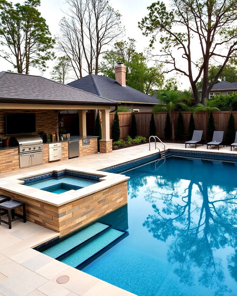 outdoor kitchen for rectangle pool with hot tub - 20 Rectangle Pool With Hot Tub