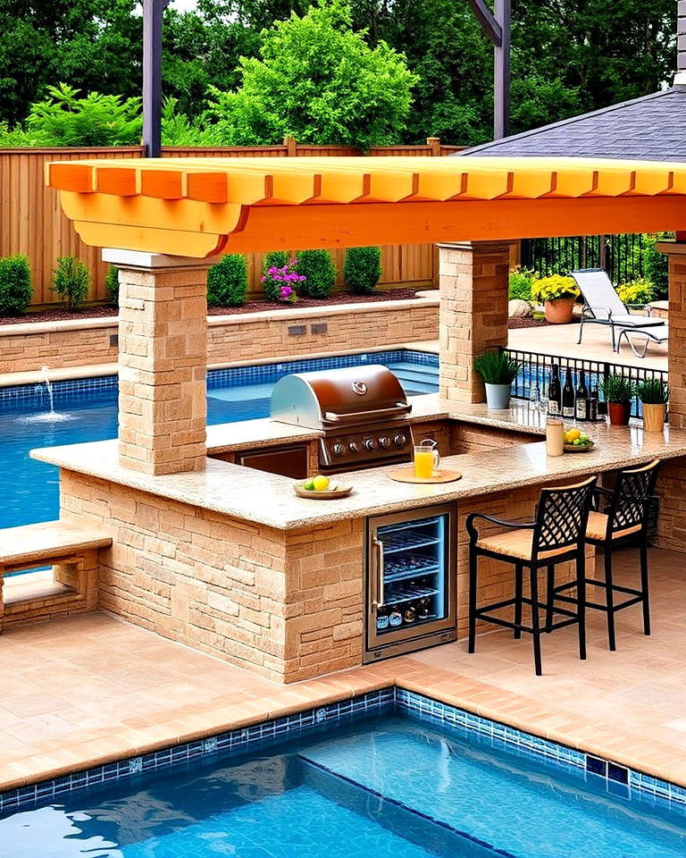 outdoor kitchen with a poolside bar - 20 Pool House With Outdoor Kitchen Ideas