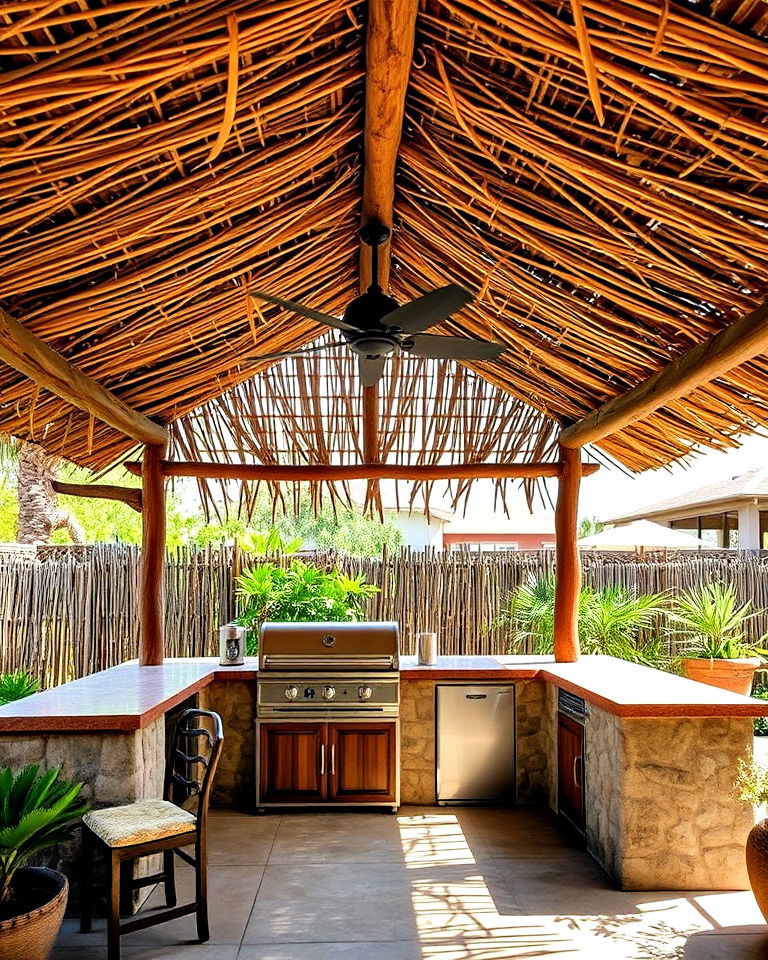 outdoor kitchen with palapa style roof for shade - 20 Mexican Outdoor Kitchen Ideas
