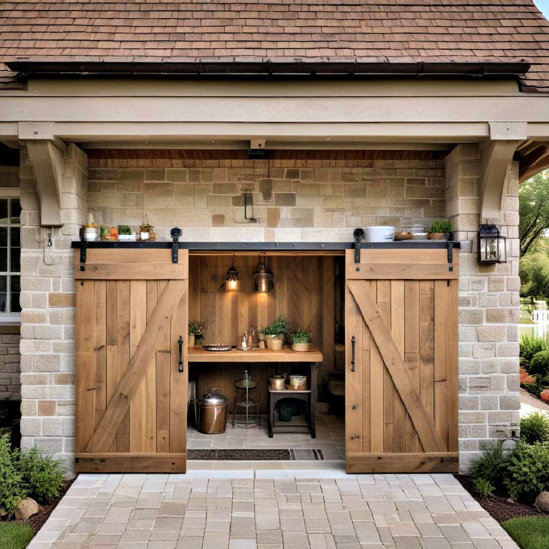 outdoor kitchen with rustic barn door shelter - 25 Covered Outdoor Kitchen Ideas