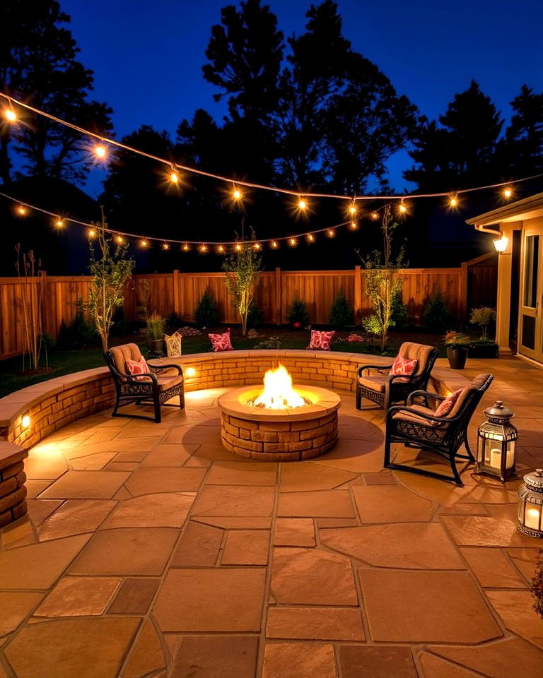 outdoor lighting for stone patio with fire pit - 25 Stone Patio With a Fire Pit Ideas