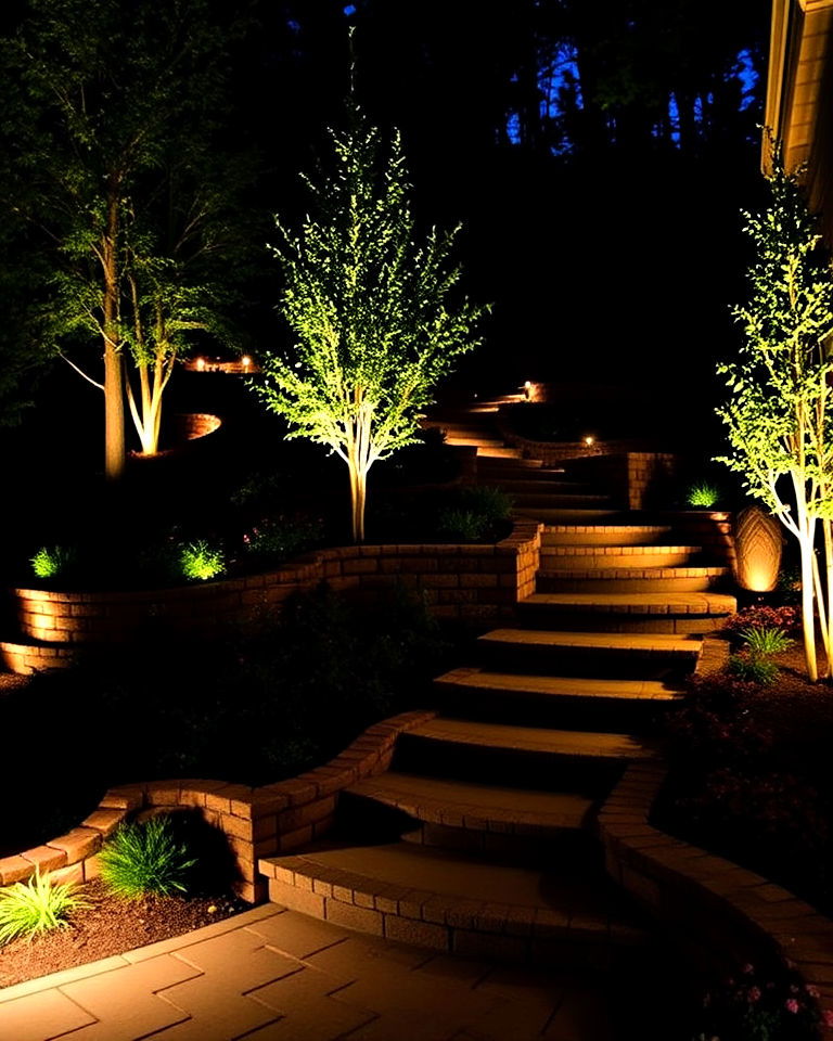 outdoor lighting on a slope area - 25 Down Sloped Backyard Ideas