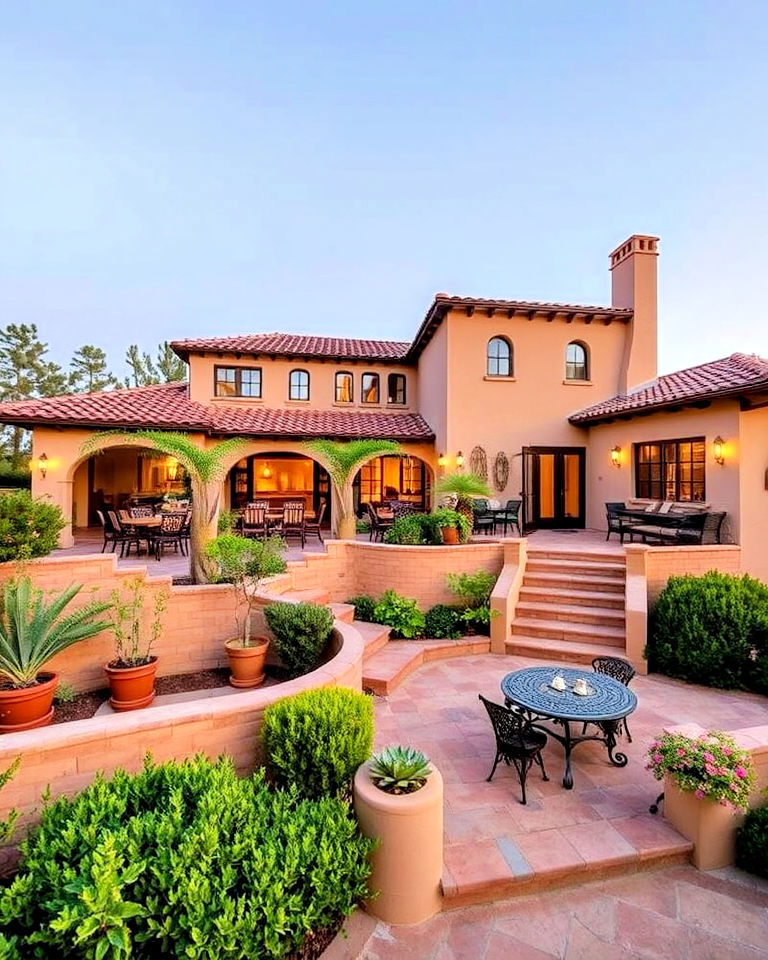 outdoor living with multi level terraces - 40 Spanish Style Home Exterior Ideas
