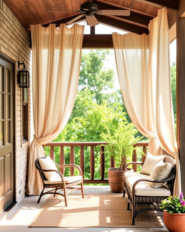 outdoor privacy curtains in neutral tones - 30 Rustic Porch Ideas