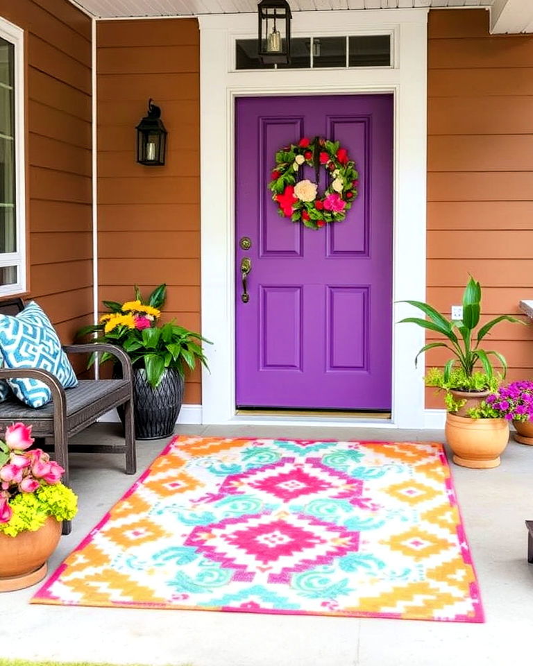 outdoor rug in vibrant summer colors - 15 Summer Front Door Decor Ideas
