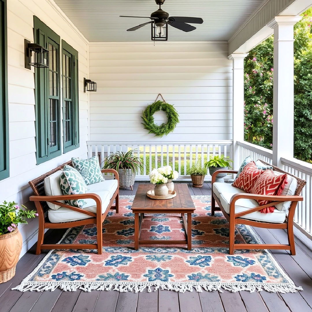 outdoor rug to define seating area - 35 Three Season Porch Ideas