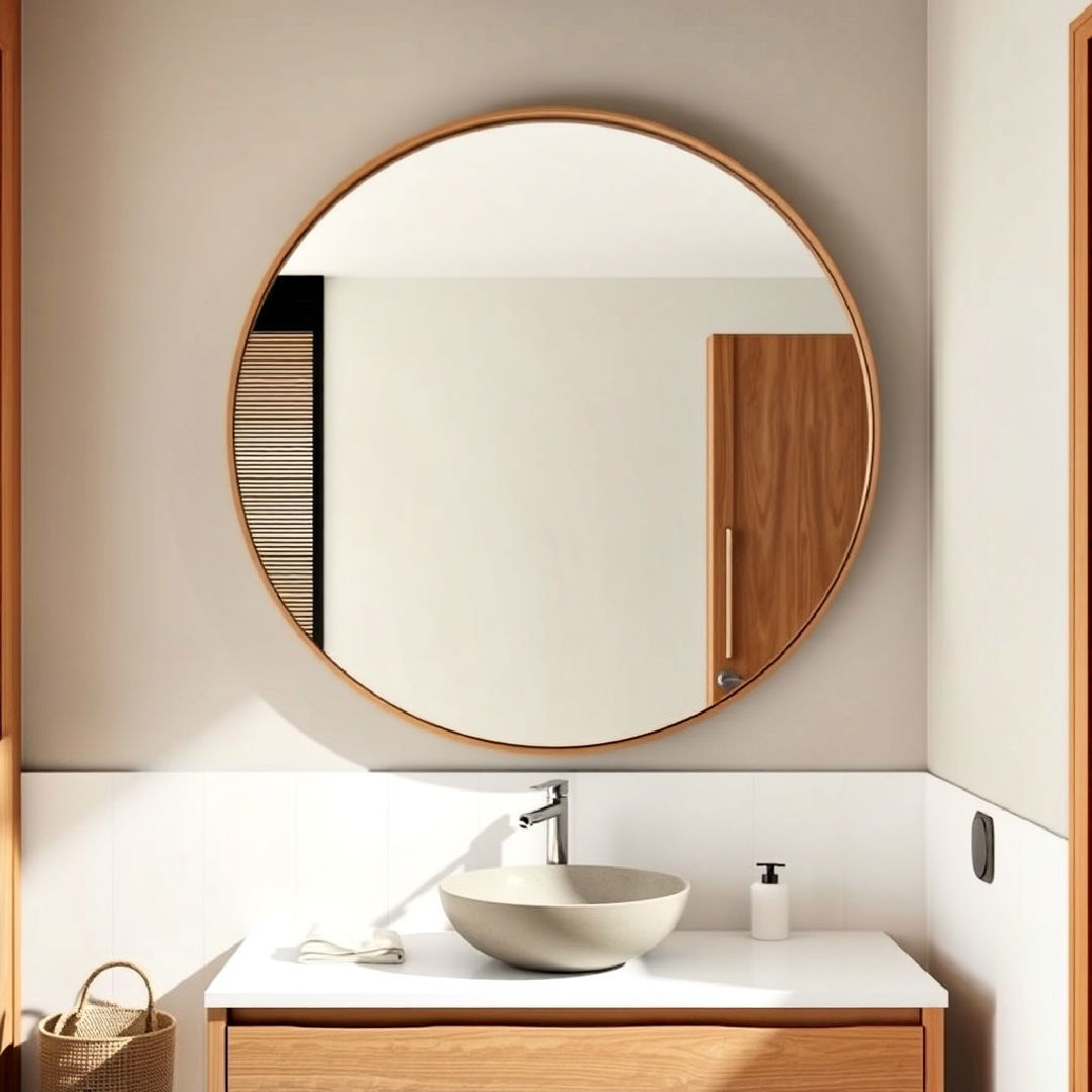 oversized circular bathroom mirror - 40 Japandi Bathroom Ideas