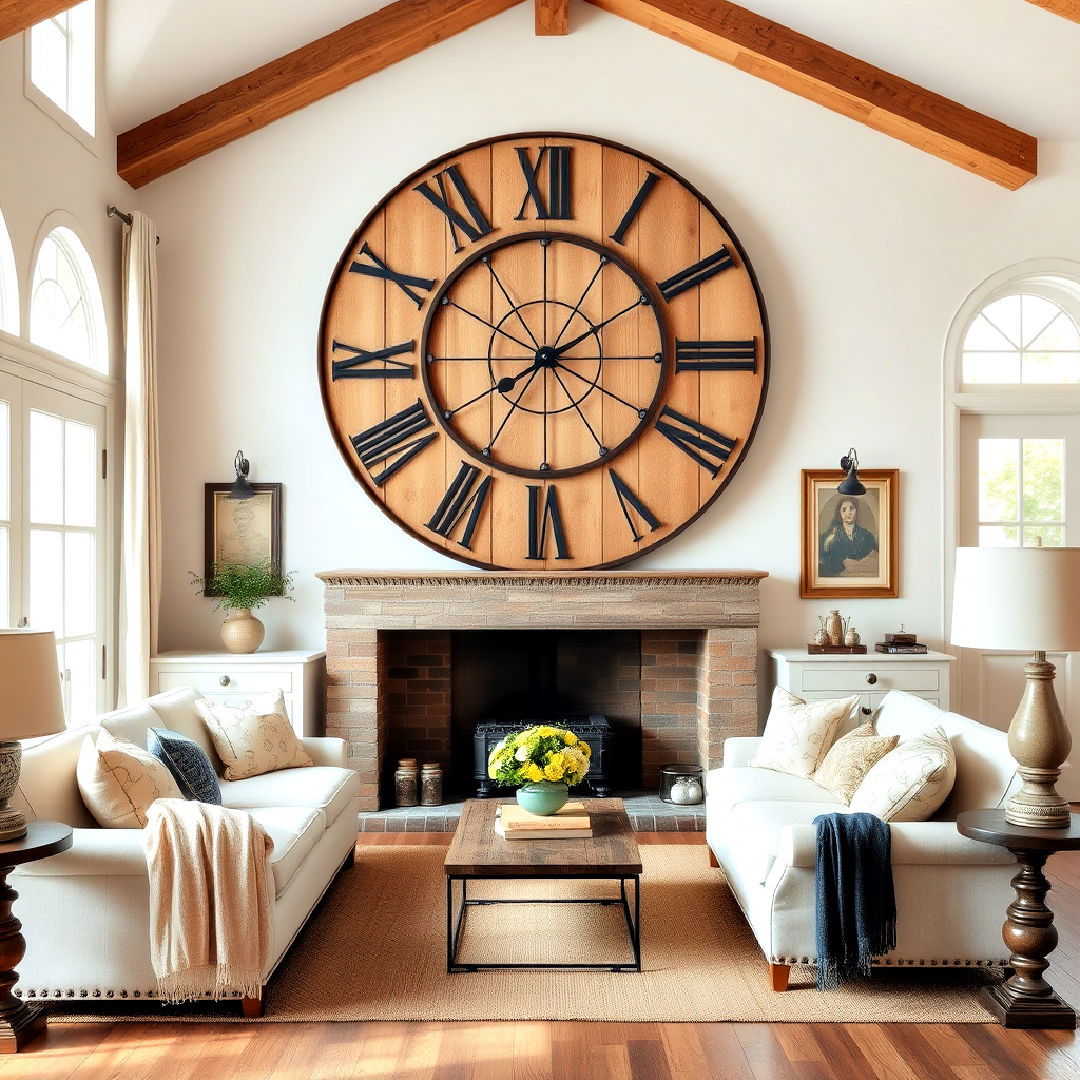 oversized clock as statement piece - 40 French Country Living Room Ideas