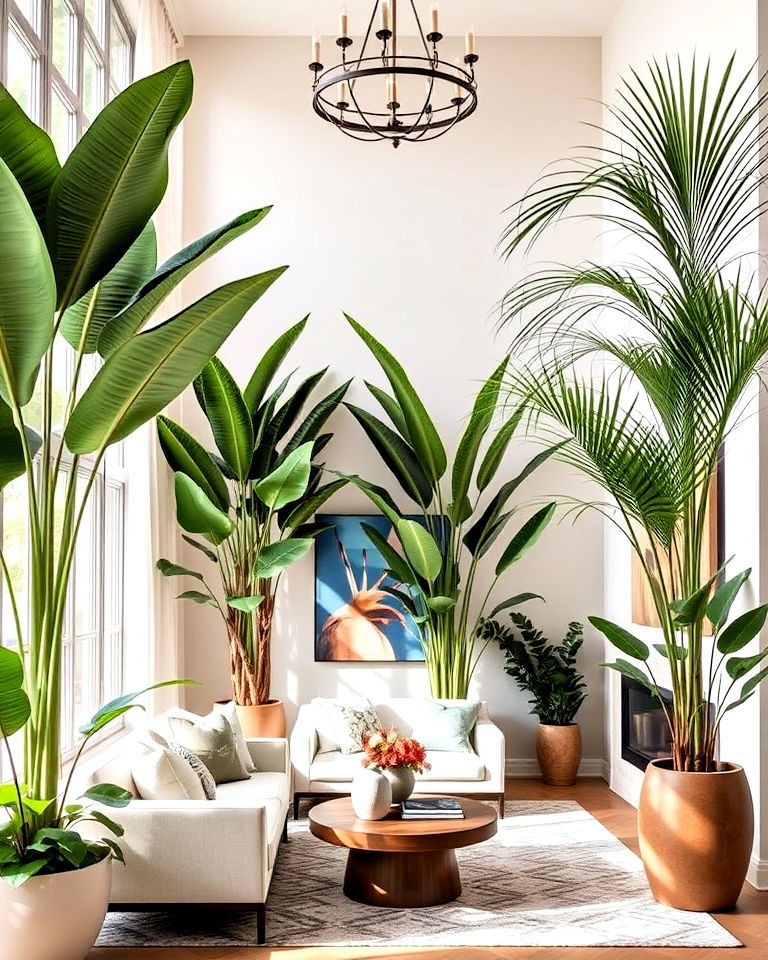 oversized plants to complement the high ceiling - 25 High Ceiling Living Room Ideas
