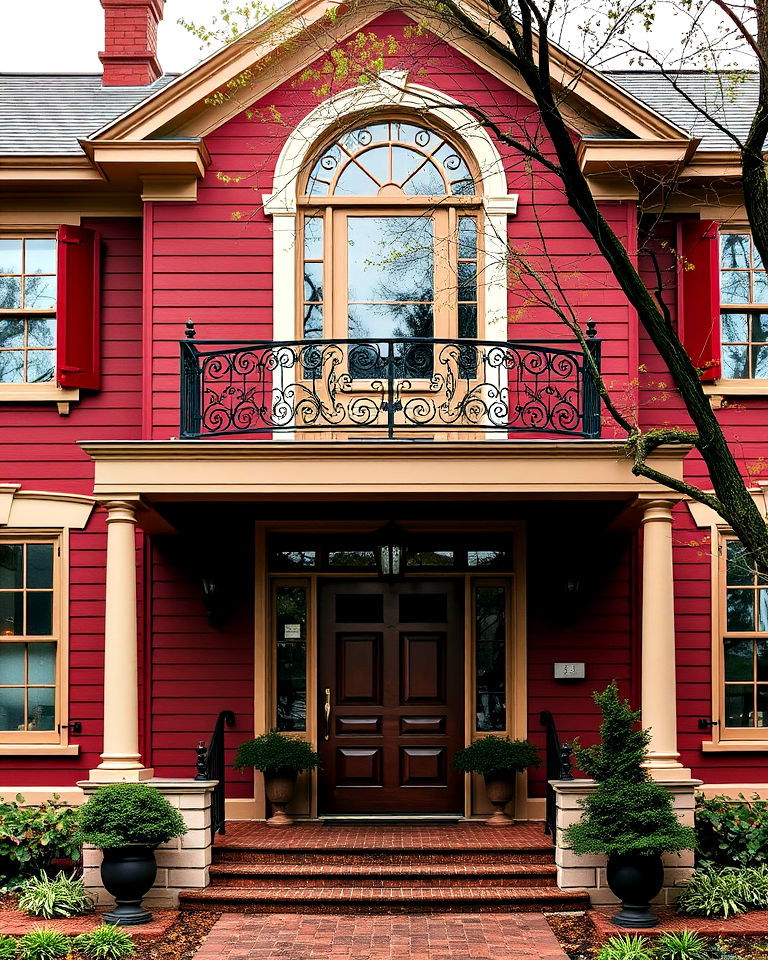 oxblood red house exterior with beige highlights - 20 Dark Red House Exterior Ideas