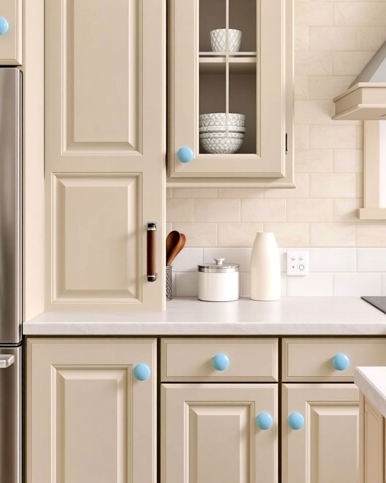 painted knobs to add personalized style - 40 Kitchen Cabinet Hardware Ideas