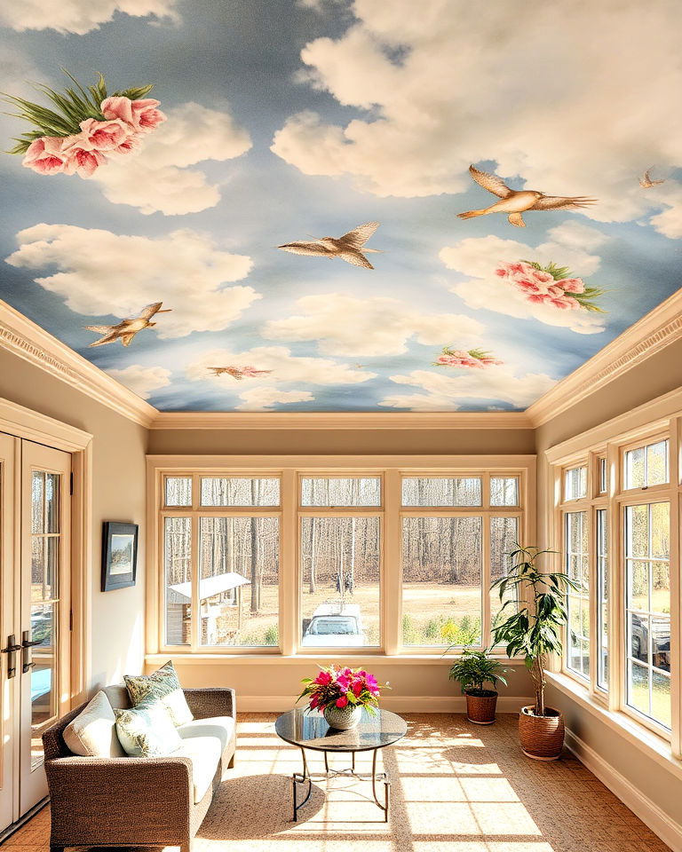 painted mural ceiling to add artistic flair - 20 Sunroom Ceiling Ideas