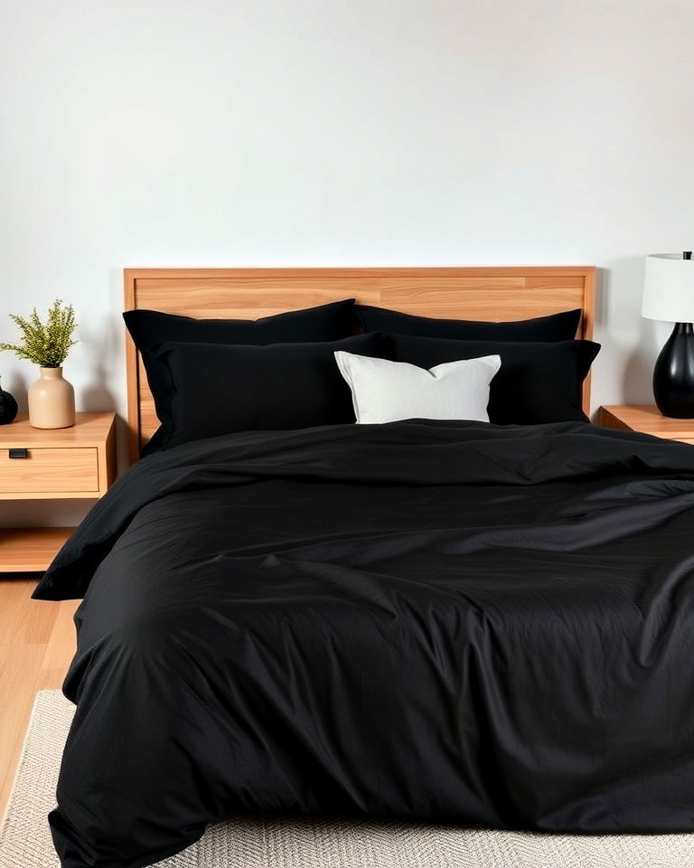 pair black bedding with light wood accents - 20 Matte Black Bedroom Ideas