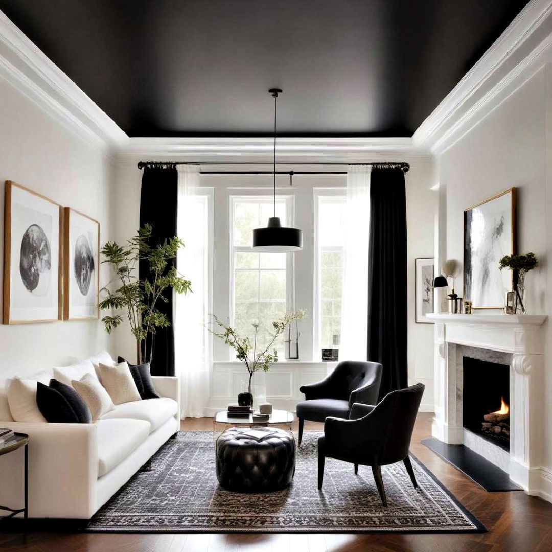 pair black ceilings with white walls - 25 Black Ceiling Design Ideas