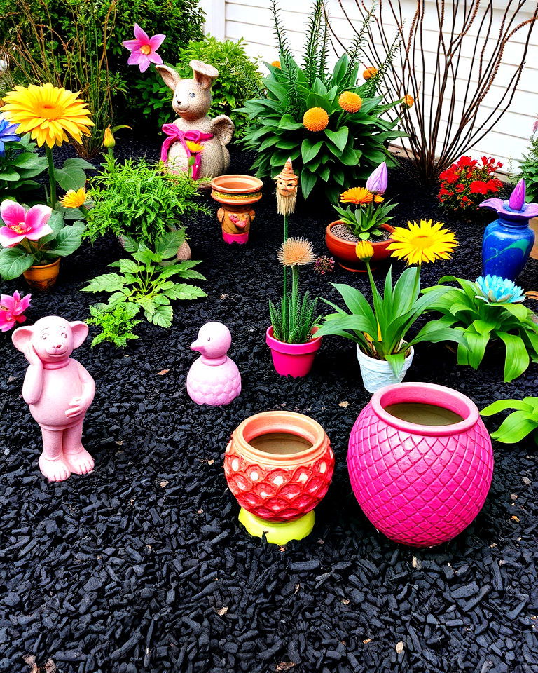 pair black mulch with bright garden decor - 25 Black Mulch Landscaping Ideas