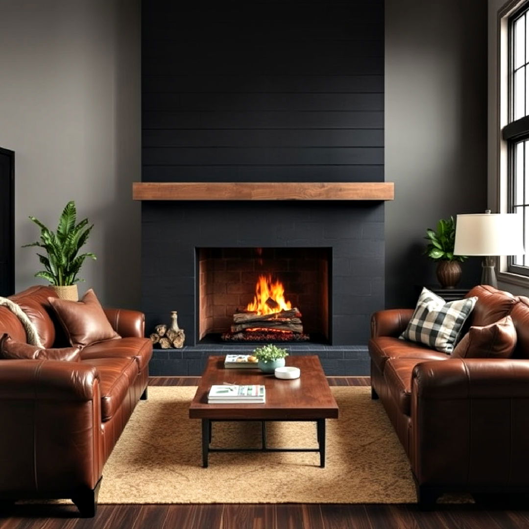 pair black shiplap with leather furniture - 40 Black Shiplap Fireplace Ideas
