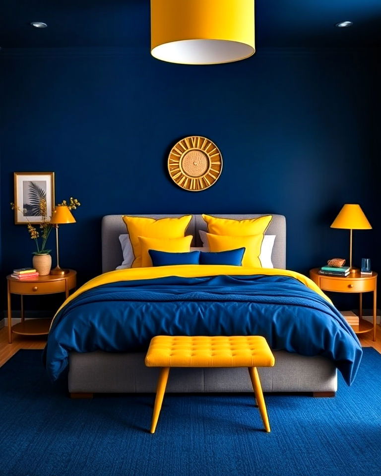 pair dark blue and yellow for a bold statement - 30 Dark Blue Bedroom Ideas