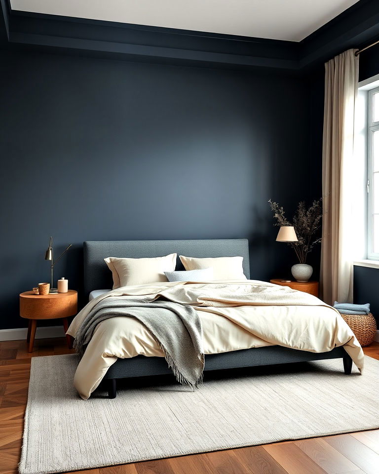 pair dark blue with neutral tones - 30 Dark Blue Bedroom Ideas