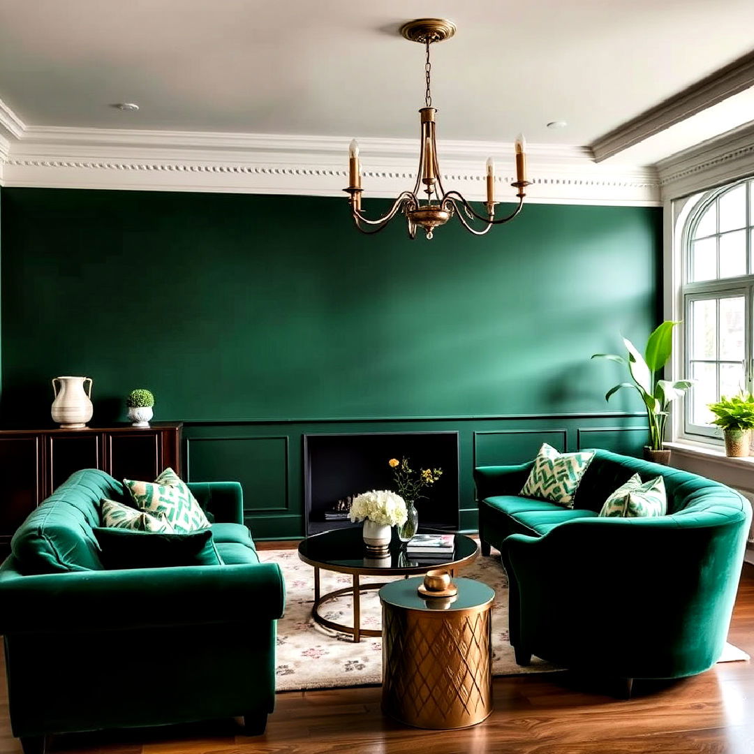 pair dark green accent wall with velvet furnishings - 40 Dark Green Accent Wall Ideas