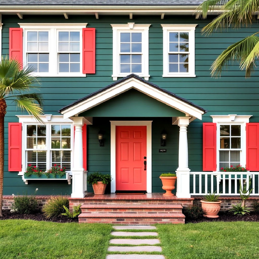 pair dark green and coral accents - 40 Dark Green Exterior Paint Color Schemes