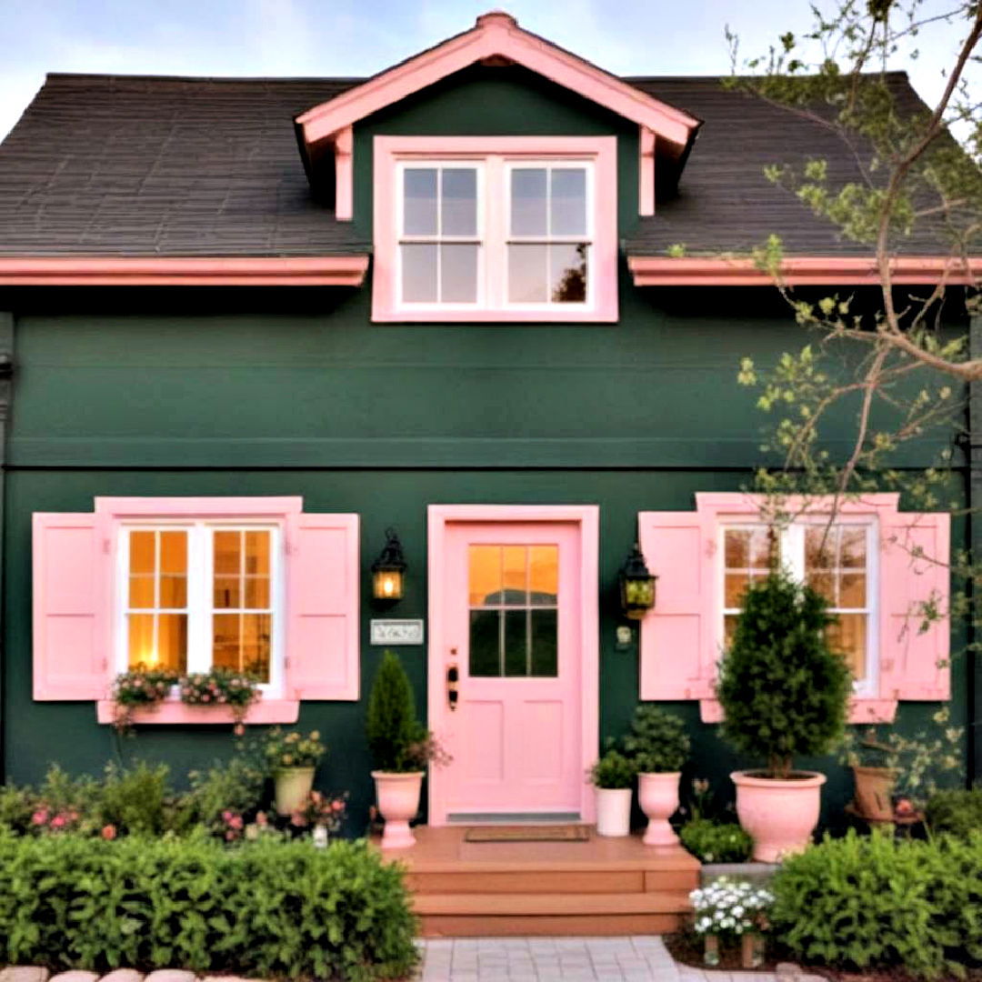 pair dark green with blush pink accents - 40 Dark Green Exterior Paint Color Schemes