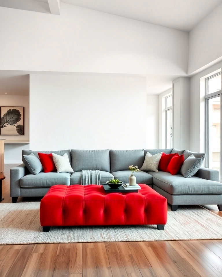 pair grey sectional with red ottoman - 25 Red and Grey Living Room Ideas