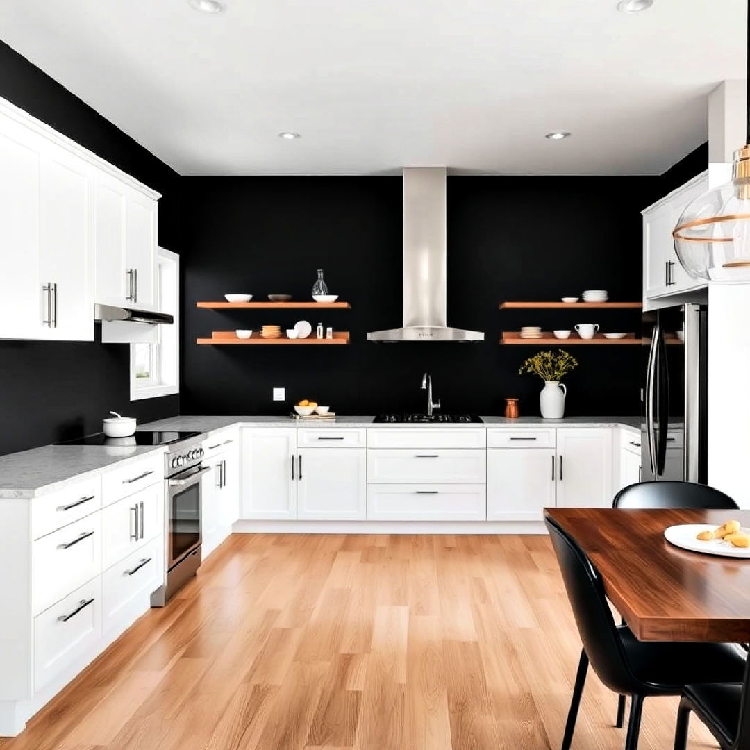 pair white cabinets with black accent wall - 40 Black and White Kitchen Ideas