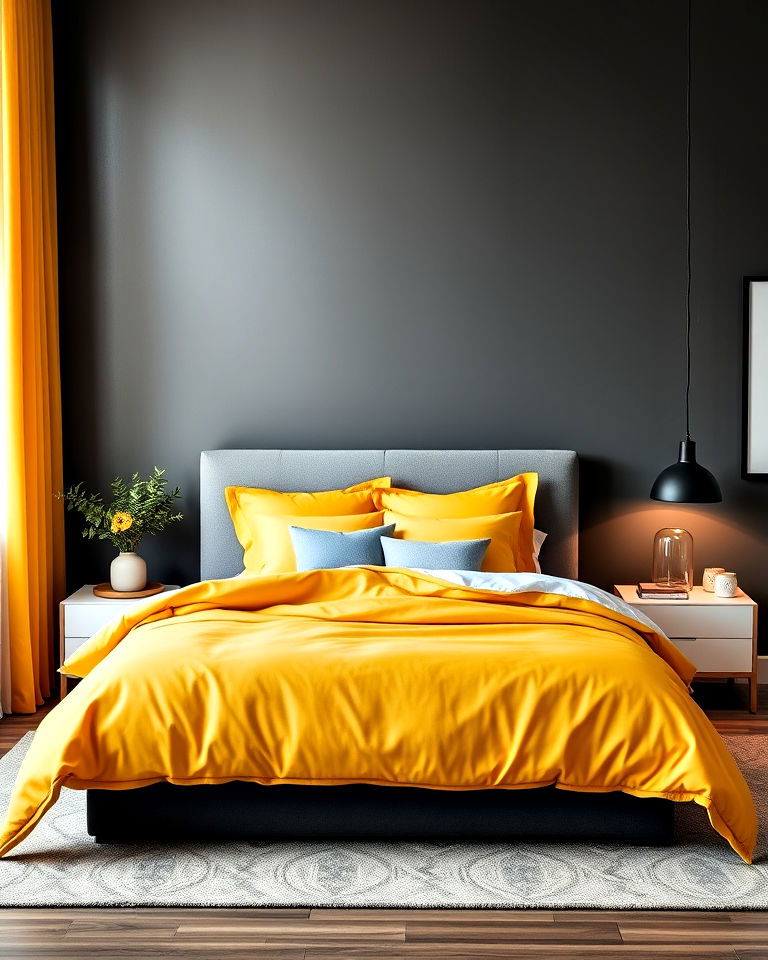 pair yellow bedding with grey accent wall - 25 Yellow and Grey Bedroom Ideas