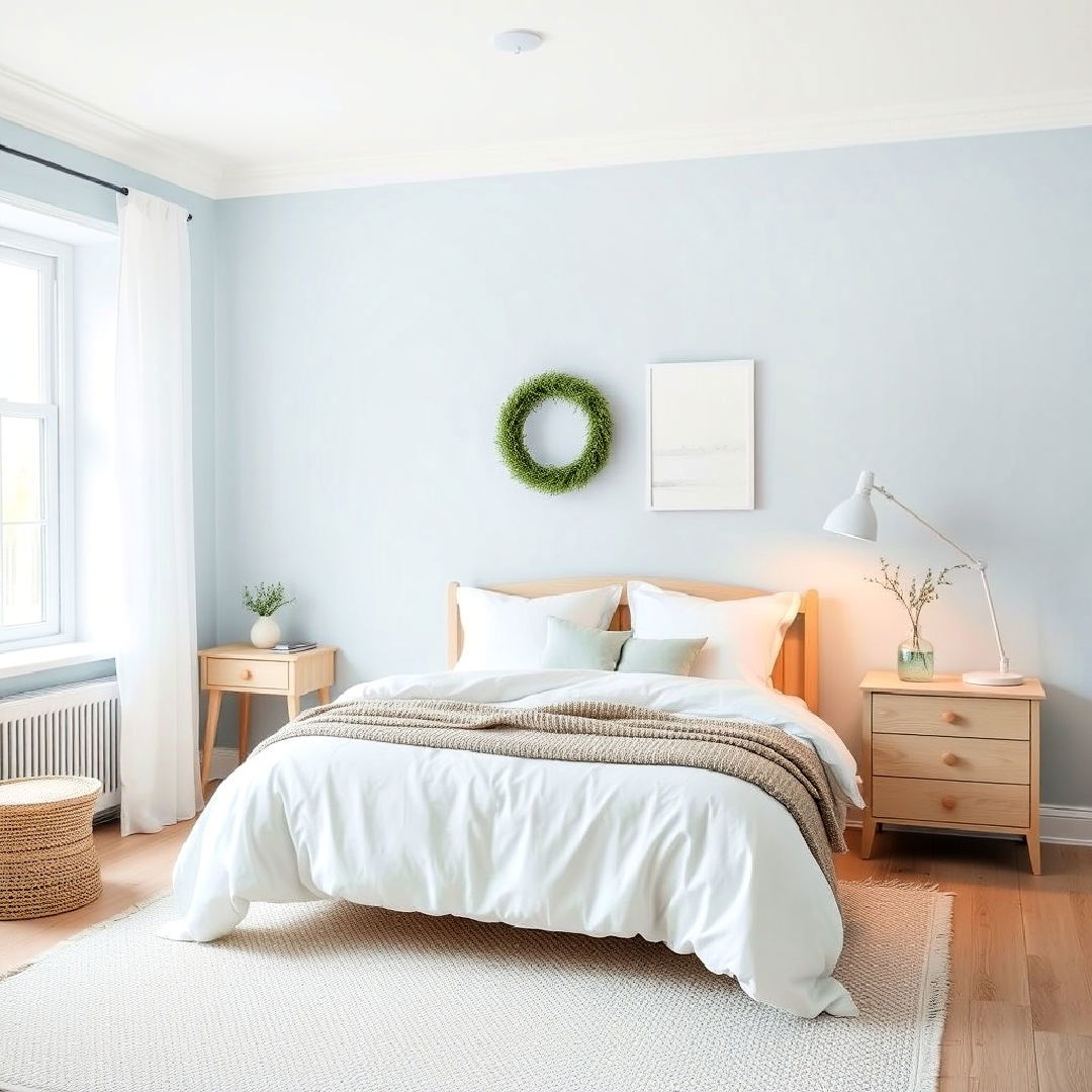 pale blue and white scandinavian style bedroom - 40 Blue Bedroom Ideas