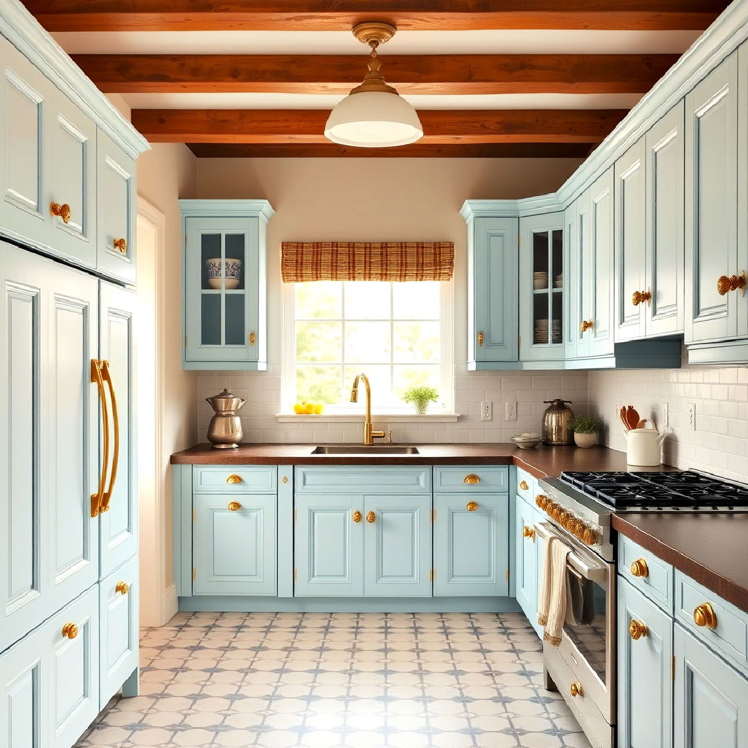 pale blue cabinets and ornate gold handles for vintage charm - 30 Blue Kitchen Cabinets With Gold Hardware