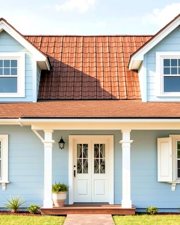 pale blue exterior with weathered brown roof - 25 Blue Exterior Home With a Brown Roof Ideas