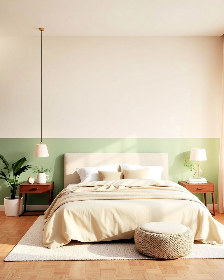 pale green and beige color blocking design - 30 Green and Beige Bedroom Ideas
