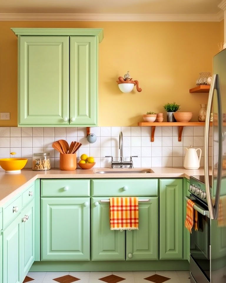 pale yellow walls with pistachio green cabinets - 20 Green and Yellow Kitchen Ideas