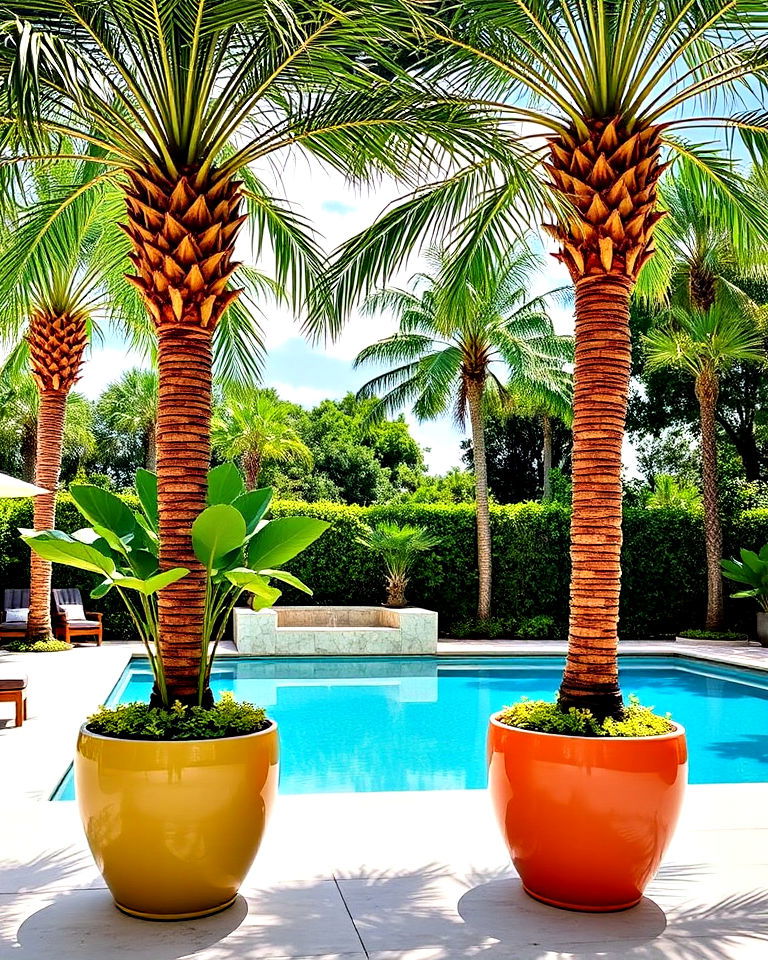 palm filled large ceramic planters around pool - 30 Pool Planter Ideas
