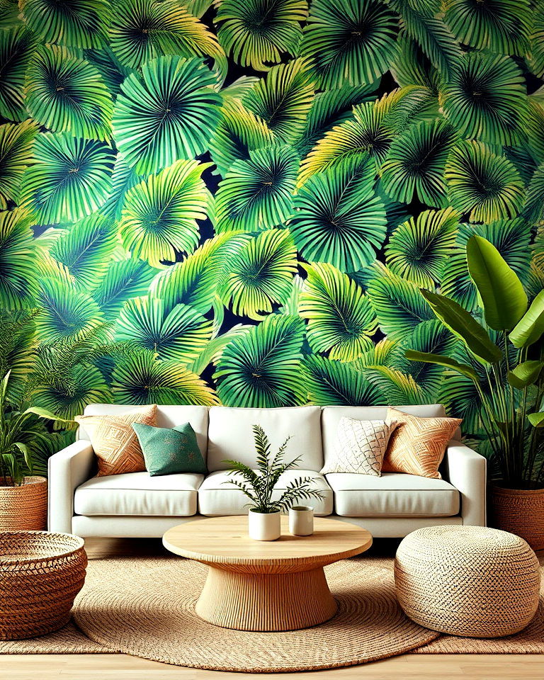 palm leaf wallpaper for tropical living room - 25 Tropical Living Room Ideas